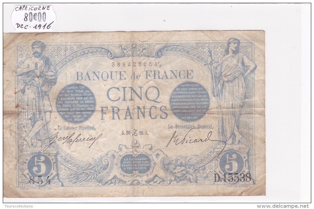 Billet De 5 Francs Bleu Du 20/12/1916 CAPRICORNE - D.15538 Alph 854 @ N° Fayette : 2.46 - 5 F 1912-1917 ''Bleu''