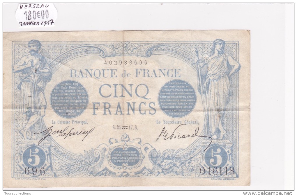 Billet De 5 Francs Bleu TTB+ Du 25/01/1917 VERSEAU - O.16118 Alph 696 @ N° Fayette : 2.47 Date Plus Rare !!! - 5 F 1912-1917 ''Bleu''