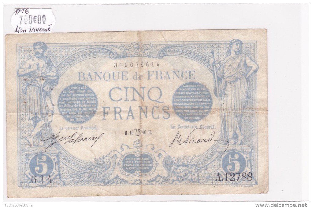 RARE Fauté De 1916 !!! Billet De 5 Francs Bleu TTB Du 10/07/1916 LION INVERSE - A.12788 Alph 614 @ N° Fayette : 2bis.4 - Fehlprägungen