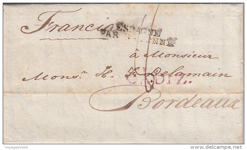 Lettre Marque Linéaire CADIZ Pour La France >> Espagne Par Bayonne 1816 - ...-1850 Voorfilatelie