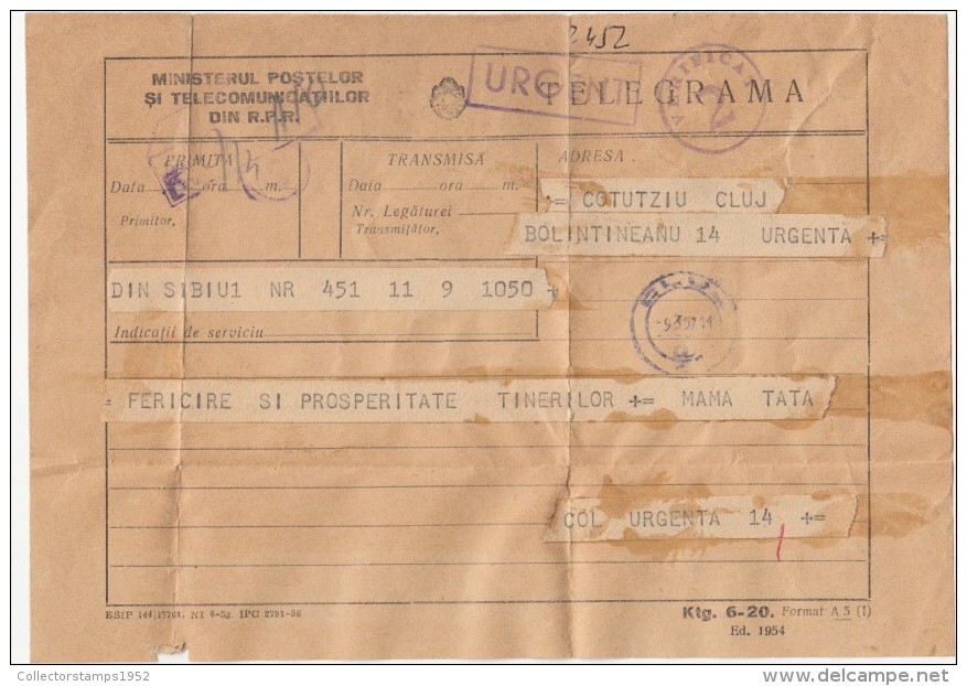 39990- TELEGRAMME SENT FROM SIBIU TO CLUJ NAPOCA, 1957, ROMANIA - Télégraphes