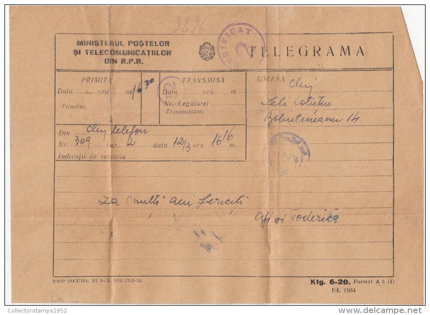 39991- TELEGRAMME SENT LOCO IN CLUJ NAPOCA, 1957, ROMANIA - Télégraphes