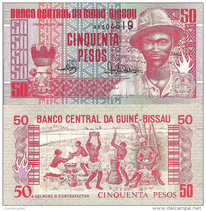 Guinea-Bissau P10, 50 Pesos, Maiame Drum, Pansau Na / Topless Women, Caldron UNC - Guinea-Bissau