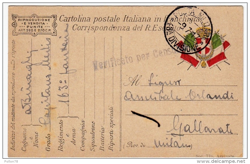 CARTOLINA POSTALE ITALIANA IN FRANCHIGIA - CORRISPONDENZA DEL R. ESERCITO - POSTA MILITARE - 1917 - War 1914-18