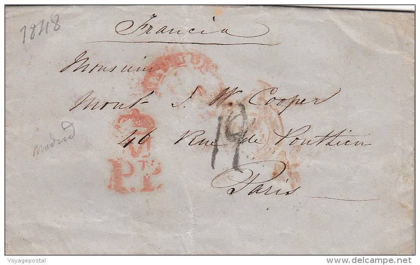 Lettre Madrid Pour Paris >> Deux CaD Rouge + Couronne P.P 1848 - ...-1850 Vorphilatelie