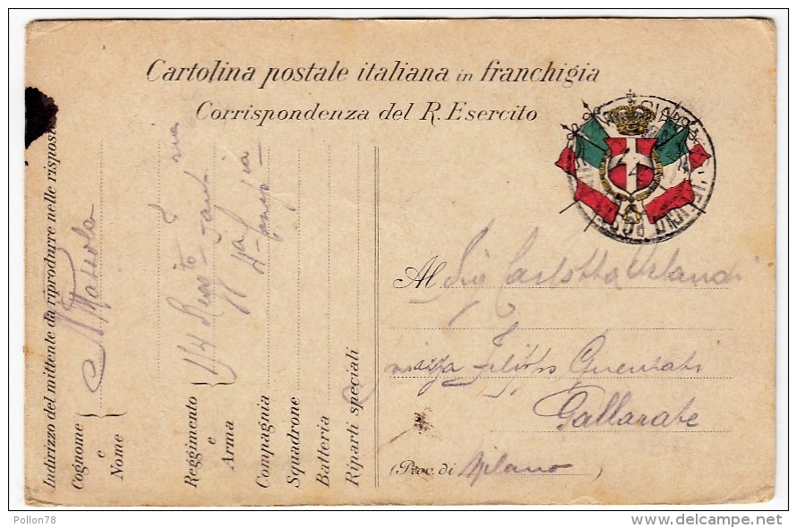 CARTOLINA POSTALE ITALIANA IN FRANCHIGIA - CORRISPONDENZA DEL R. ESERCITO - POSTA MILITARE - Guerra 1914-18