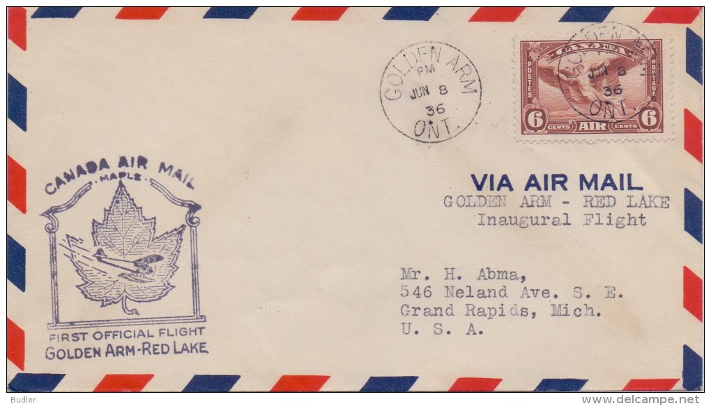 CANADA :1936: Travelled First Official Flight From GOLDEN ARM To RED LAKE : MAPLE,AHORN,ESDOORN,ÉRABLE,AIRPLANE,AVIATION - Autres & Non Classés