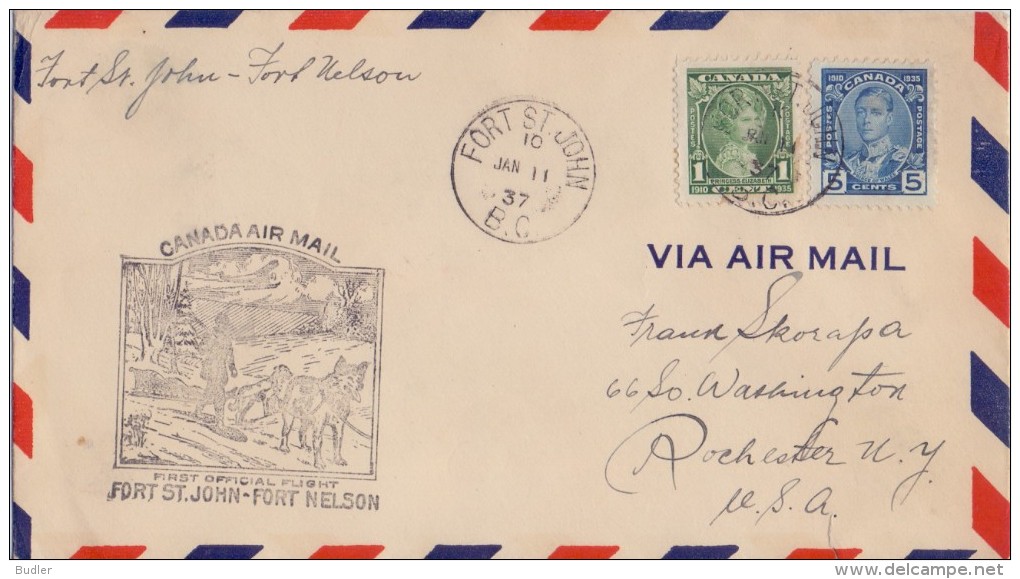 CANADA :1937: Travelled First Official Flight From FORT St. JOHN To FORT NELSON :  SLEDGE,SLEIGH,SLED DOGS,POSTMAN, - Autres & Non Classés