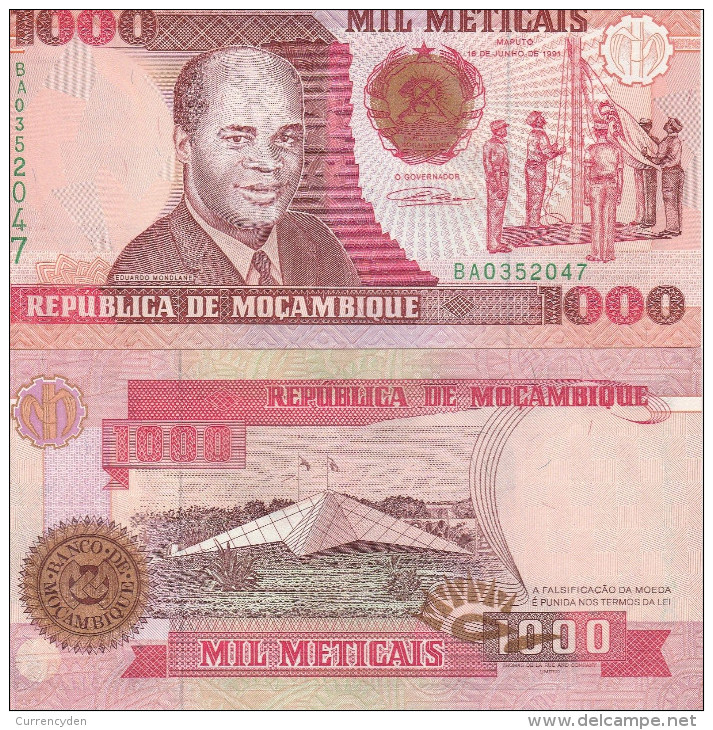 Mozambique P135, 1,000 Meticais, Flag Cerimony/ Star Monument, UNC See UV - Mozambique