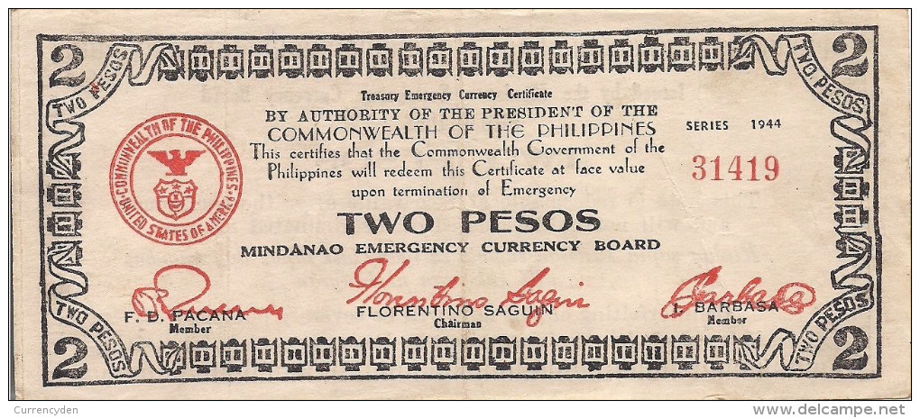 Philippines WW II Guerilla Note, 2 Peso , P-S524a, MINDANAO - Philippines