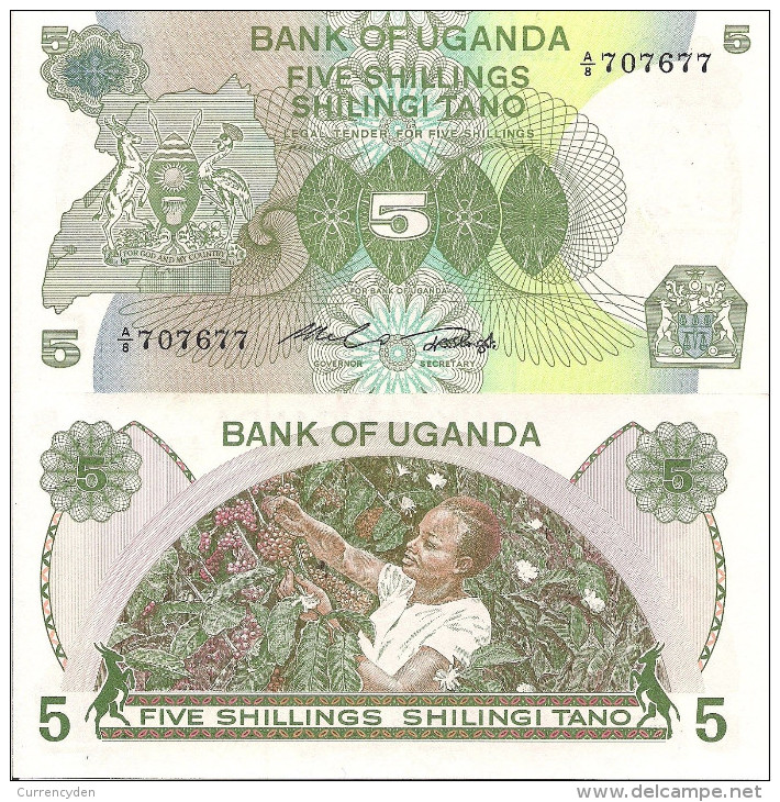 Uganda P15, 5 Shilling, Woman Picking Coffee Beans, Solid Security Thread - Ouganda