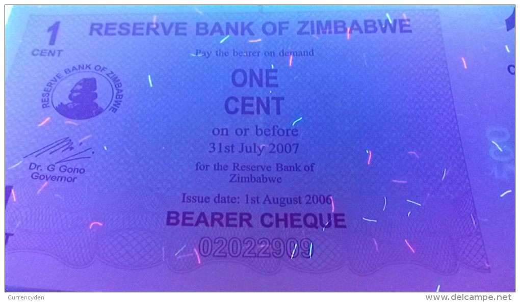 Zimbabwe P33, 1 Cent, Bearer Cheque, UNC, 2006, See UV & Watermark Images - Simbabwe