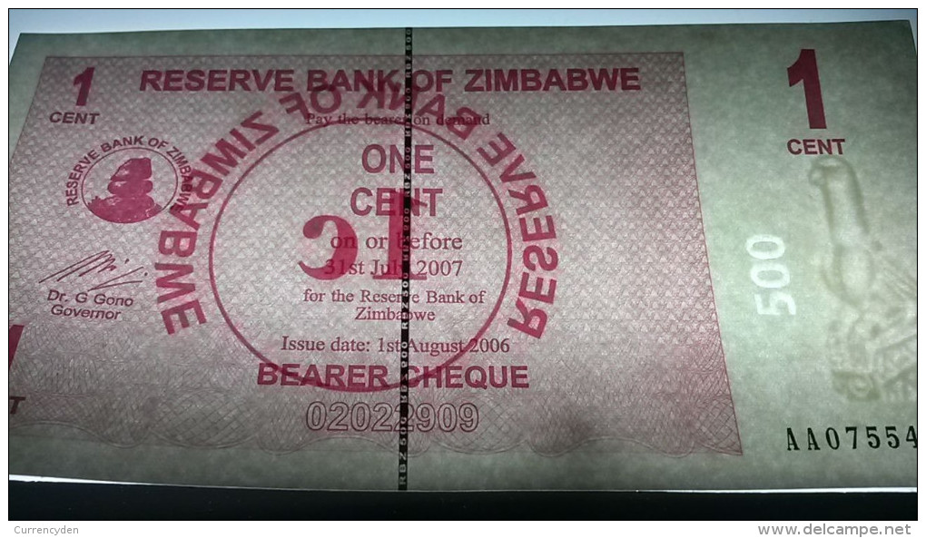 Zimbabwe P33, 1 Cent, Bearer Cheque, UNC, 2006, See UV & Watermark Images - Simbabwe