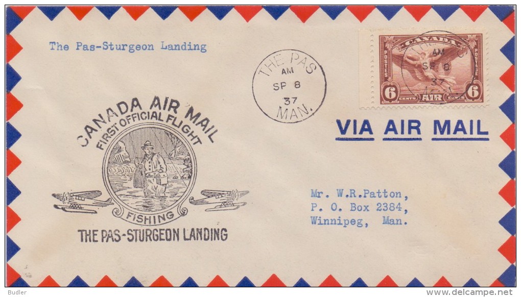 CANADA :1937: Travelled First Official Flight From THE PAS To STURGEON LANDING :  ## FISHING ##,VISSEN,PÊCHER, - Premiers Vols