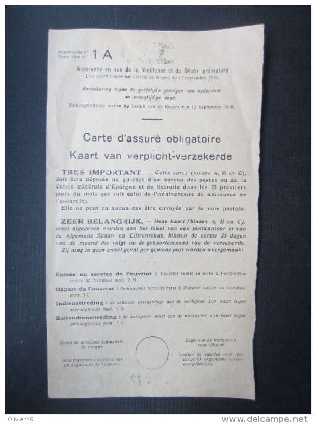 VP CARTE D'ASSURé OBLIGATOIRE (M1605) 1952 - 1953 (2 Vues) WOLUWE ST PIERRE - Documenti Storici