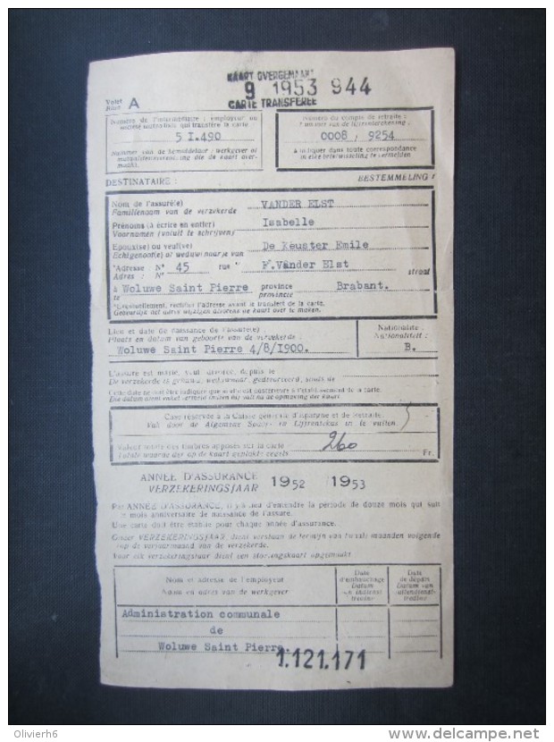 VP CARTE D'ASSURé OBLIGATOIRE (M1605) 1952 - 1953 (2 Vues) WOLUWE ST PIERRE - Documenti Storici