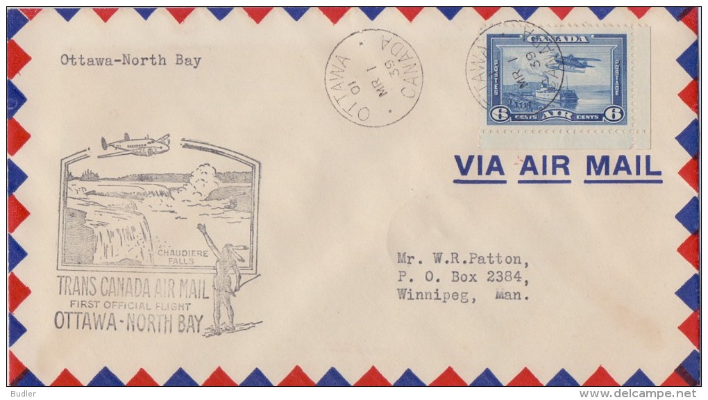 CANADA :1939: Travelled First Official Flight From OTTAWA To NORTH BAY: ## CHAUDIERE FALLS ##,WATERVAL,CASCADE,WATERFALL - Géographie