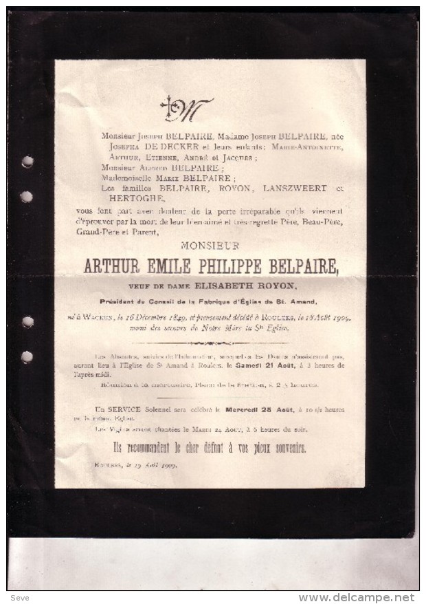 ROULERS ROESELARE Arthur BELPAIRE Veuf ROYON 1849 à WACKEN - 1909 Président Fabrique D'Eglise De St-Amand - Décès