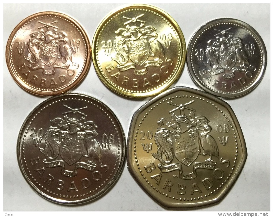 Barbados  Set 5 Coins, 1, 5, 10, 25 Cents, 1 Dollar,  UNC - Barbades