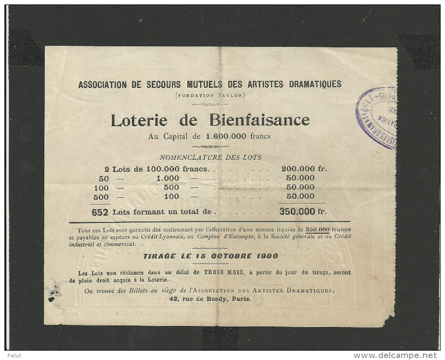 Billet De Loterie Association Des Artistes Dramatiques 1900 - Billets De Loterie