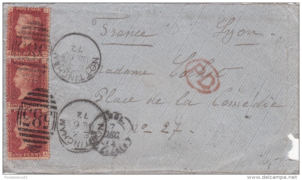 Nottingham To Lyon, France. Cover Con Vari Timbri +PD Rosso. 1872 - Lettres & Documents