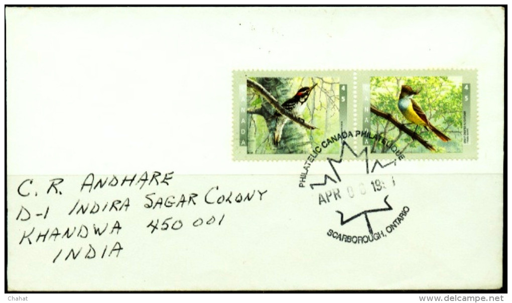 BIRDS-WOODPECKER & FLYCATCHER-SETENANT PAIR-CANADA- ON COVER TO INDIA-1998-BX1-342 - Spechten En Klimvogels