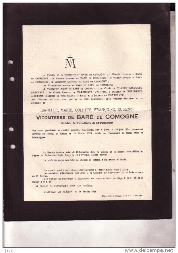 Château De FLERON Isablelle Vicomtesse De BARE De COMOGNE 1854-1924 Faire-part Mortuaire - Todesanzeige