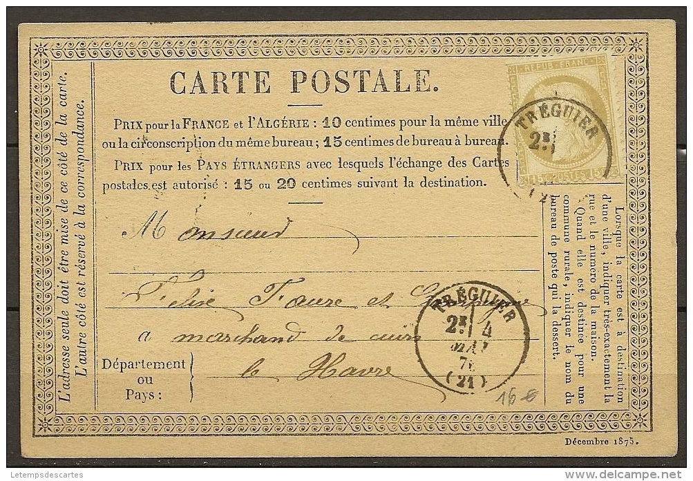 T 00276 - France 1873 N° 55 Sur Carte Postale De 1876 Côte 40.00 € - 1871-1875 Ceres