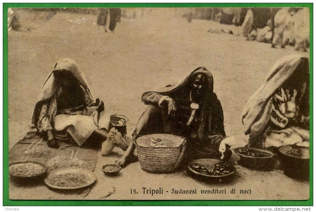 CPA LIBIA LIBYA LIBYE  - 1913 - TRIPOLI - SUDANESI VENDITORI DI NOCI - Timbro GARIAN Tripolitania - Libia