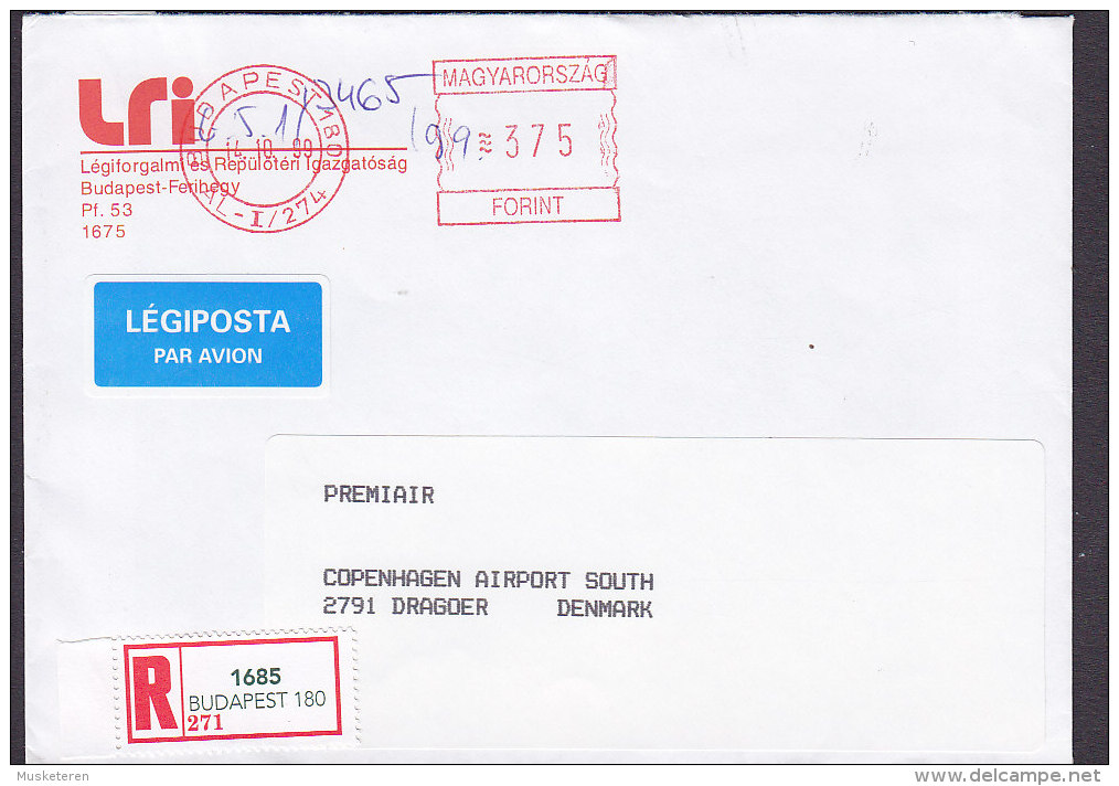 Hungary Ungarn LRI, LEGIPOSTA Par Avion & Registered Einschreiben Label BUDAPEST 1999 Meter Cover Brief - Portofreiheit
