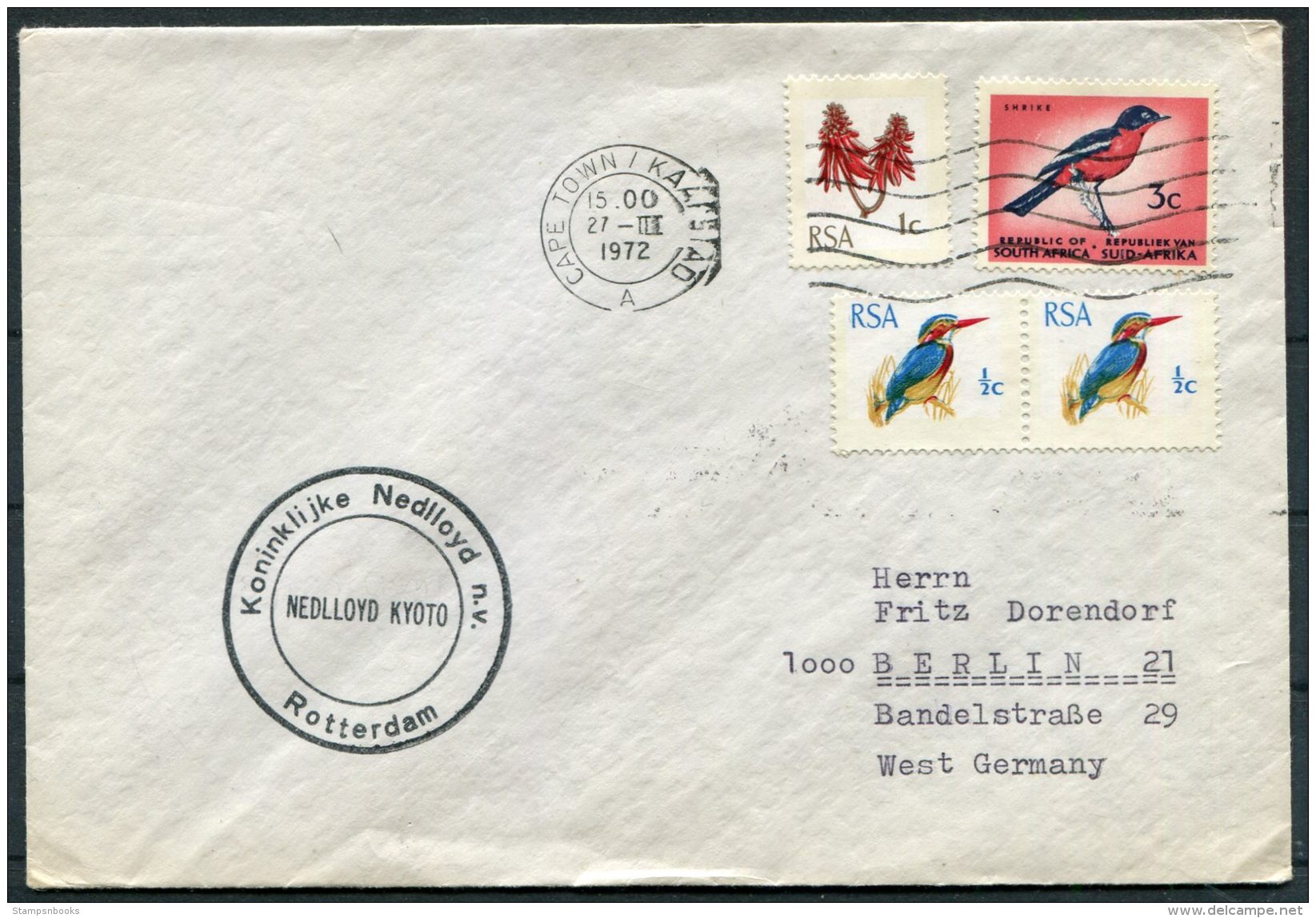 1972 South Africa Cape Town Ship Cover Rotterdam NEDLLOYD KYOTO Koninklijke Nedlloyd Nv - Covers & Documents