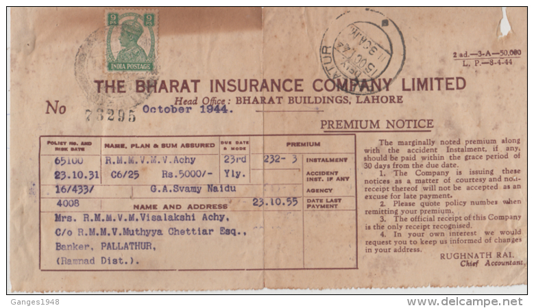 India  1944  KG VI  9P  On The Bharat Insurance Co. Receipt  # 90410  Inde Indien - 1936-47 King George VI