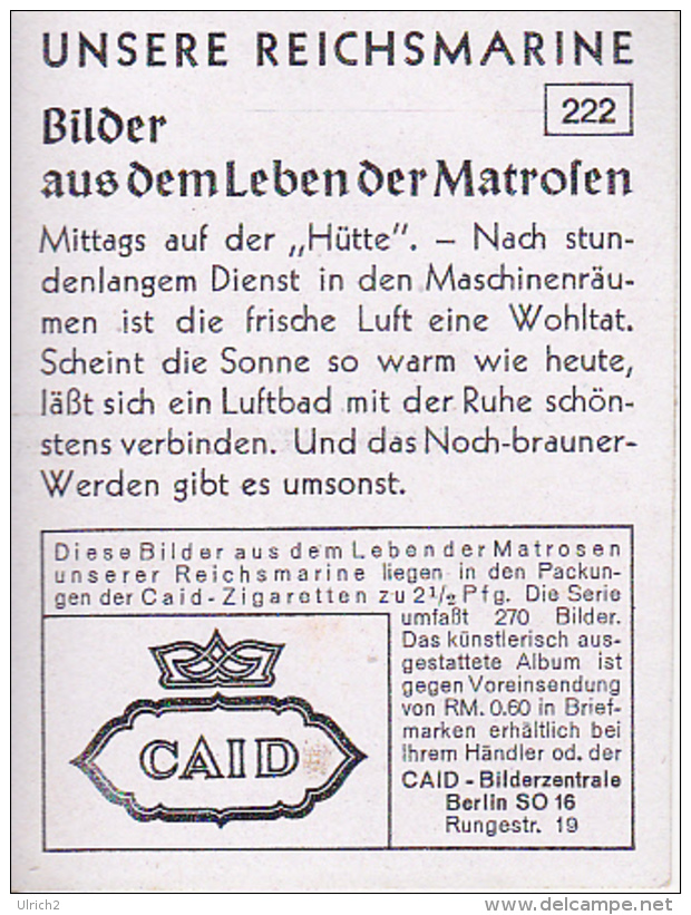 CAID Sammelbild - Unsere Reichsmarine - Mittags Auf Der "Hütte"  (22490) - Sonstige & Ohne Zuordnung