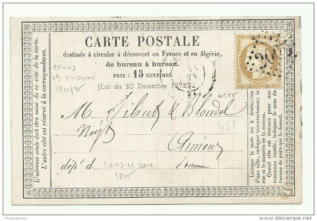 1875: Carte Précurseur Postée à Lens, Repiquage Privé: Soc. Des Mines De Lens - Precursor Cards