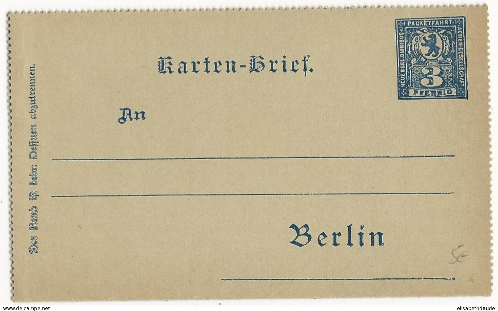 AVANT 1900 - PRIVATPOST - CARTE-LETTRE ENTIER "PACKETFAHRT" De BERLIN - Privatpost