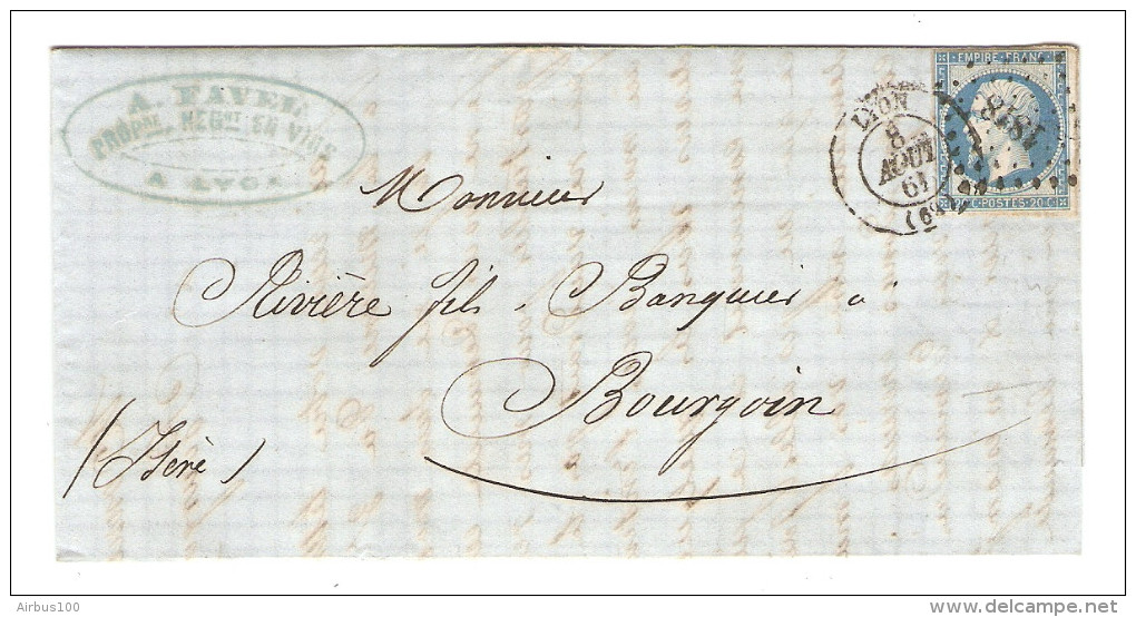 Y & T N° 14 CACHET 1818 SUR LETTRE LYON 11/8/1861 POUR BOURGOIN CACHET D´ARRIVÉE - ZOOM 3 Scans - - 1849-1876: Periodo Clásico