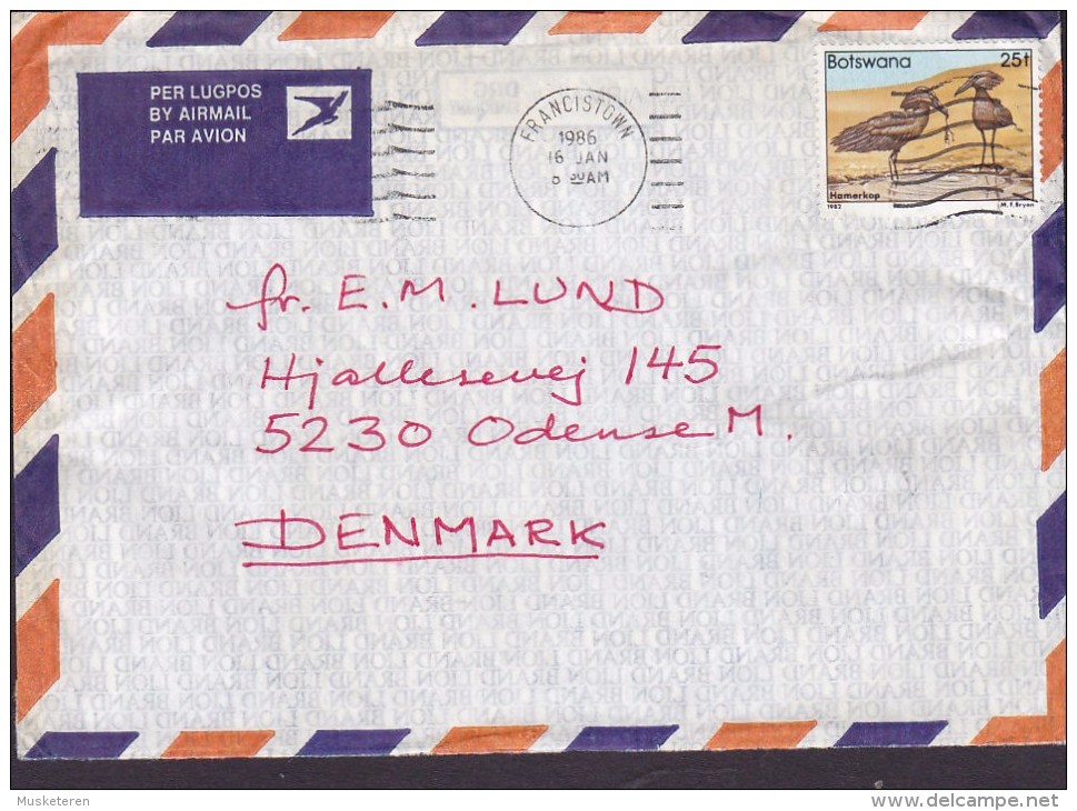 Botswana Lugpos Air Mail Par Avion FRANCISTOWN 1986 Cover Brief ODENSE Denmark 25 T. Bird Vogel Oiseau - Botswana (1966-...)