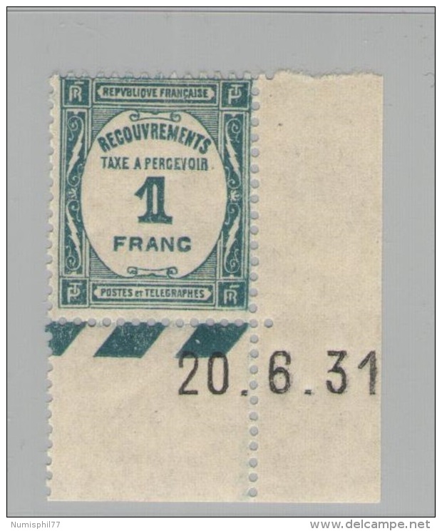 Taxe N° 60 - 1 Francs Bleu-vert Avec Bdf Daté Du 20/06/1931 - Neuf ** - 1859-1959 Neufs