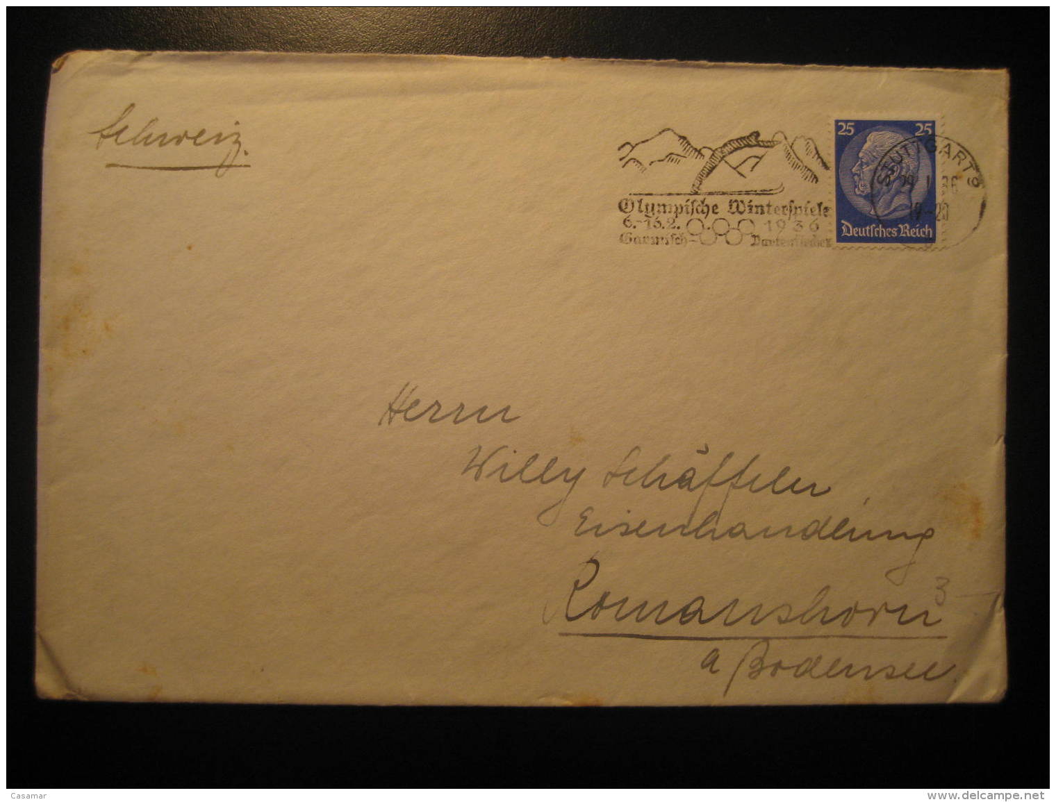 Stuttgart 1936 Garmisch Partenkirchen Ski Skiing Olympic Games Olympics Cancel Cover Germany Deutsche Third Reich - Winter 1936: Garmisch-Partenkirchen