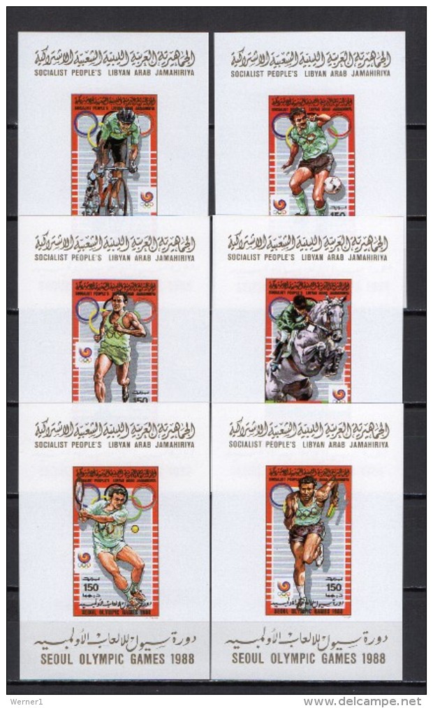 Libya 1988 Olympic Games Seoul, Football Soccer, Tennis, Cycling Etc. Set Of 6 S/s Imperf. MNH -scarce- - Zomer 1988: Seoel