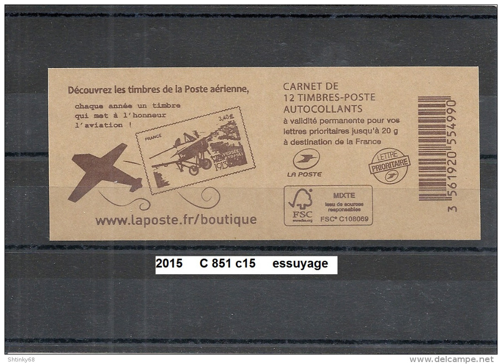 Variété Carnet Adhésifs De 2015 Neuf** Y&T N° C 851 C15 Essuyage N° 025 - Carnets