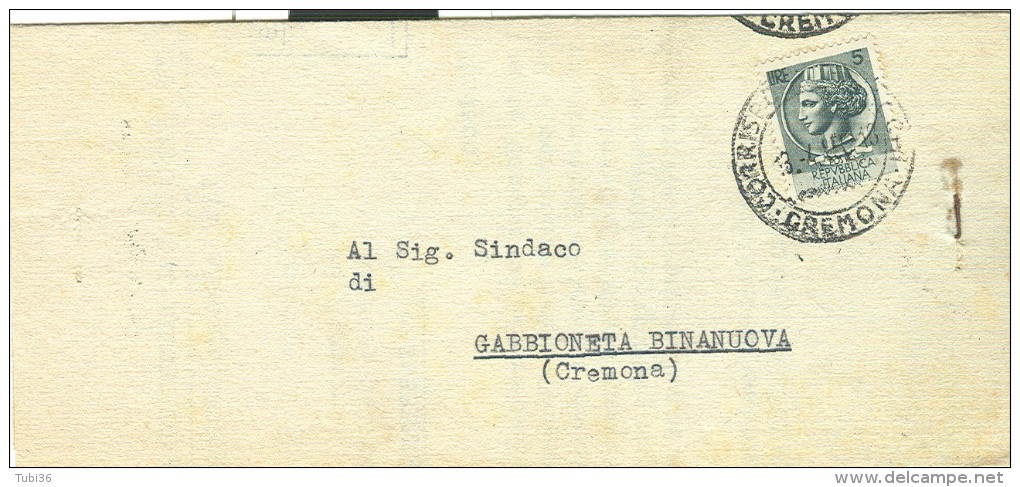 C.G.I.L - CREMONA, SINDACO GABBIONETA BINANUOVA,1956,  ELEZIONI, - Materiale E Accessori