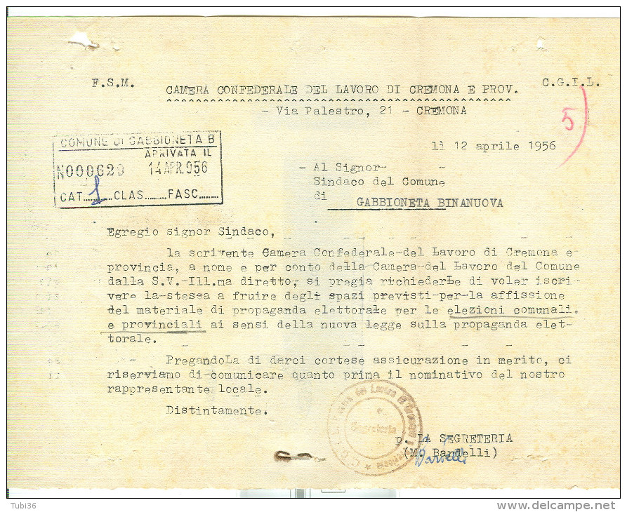 C.G.I.L - CREMONA, SINDACO GABBIONETA BINANUOVA,1956,  ELEZIONI, - Matériel Et Accessoires