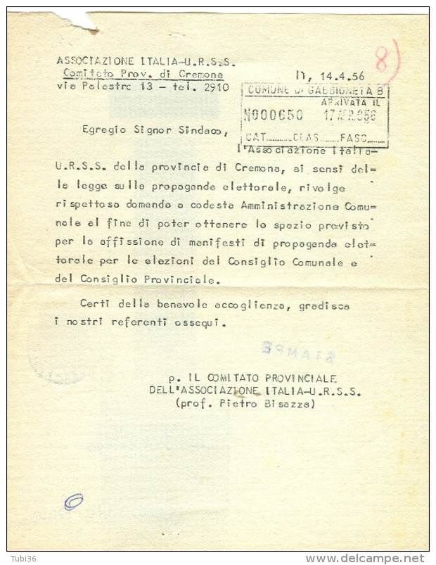 ASSOCIAZIONE  ITALIA-URSS - CREMONA, SINDACO GABBIONETA BINANUOVA,1956,  ELEZIONI, - Materiaal En Toebehoren