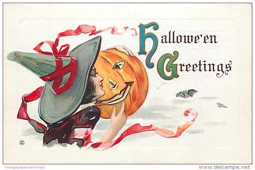 241579-Halloween, Stecher No 332 E, Witch Hugging A Smiling JOL, Red Ribbon On Hat Flapping In The Wind - Halloween