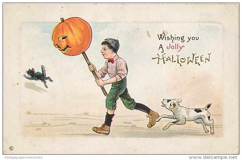 241585-Halloween, Stecher No 339 A, Boy With JOL On Stick Chasing Black Cat While Being Chased By A Dog - Halloween