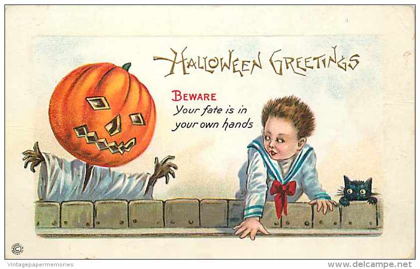 241589-Halloween, Stecher No 339 C, Jack O Lantern Head Ghost Scaring Boy & Black Cat - Halloween