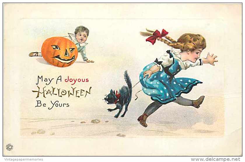 241591-Halloween, Stecher No 339 D, Girl With Scared Black Cat, Boy Hiding Behind JOL - Halloween