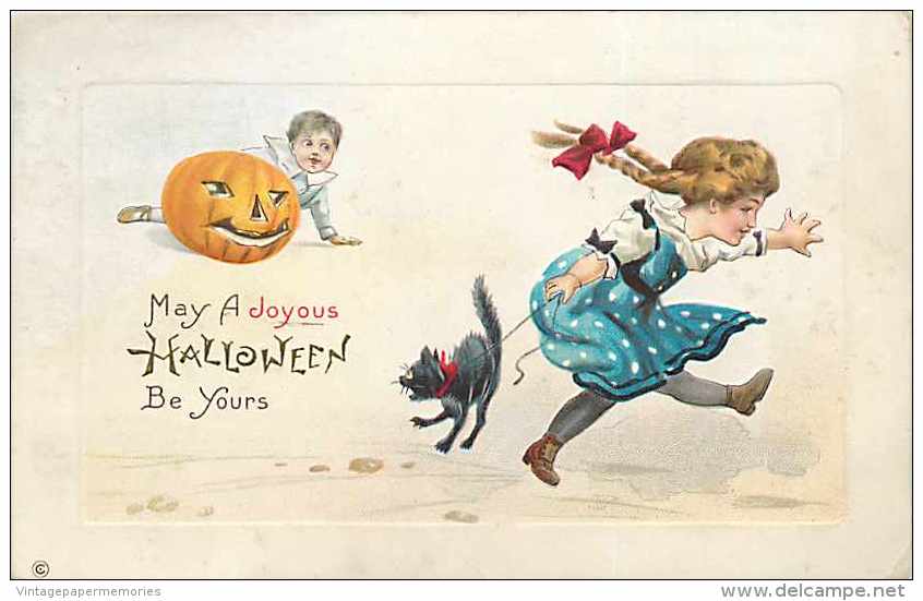 241593-Halloween, Stecher No 339 D, Girl With Scared Black Cat, Boy Hiding Behind JOL - Halloween