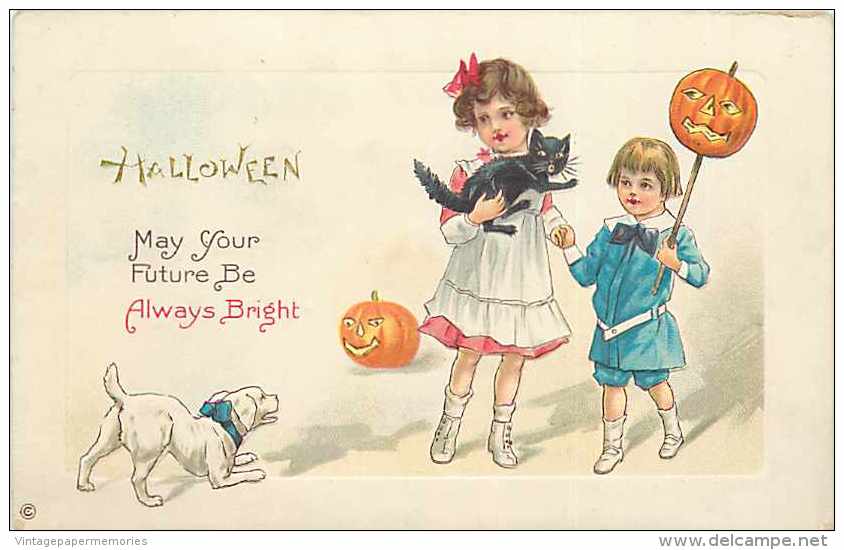 241595-Halloween, Stecher No 339 E, Dog Barking At Girl Holding Black Cat & Young Boy - Halloween